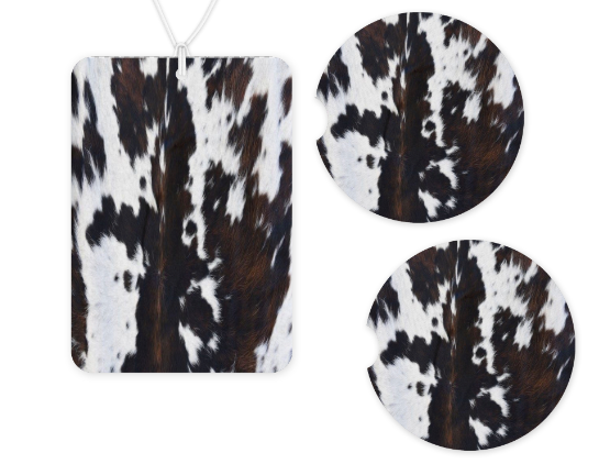 Black Brown Cowhide Car Freshener and Coaster Set - Vanilla scent