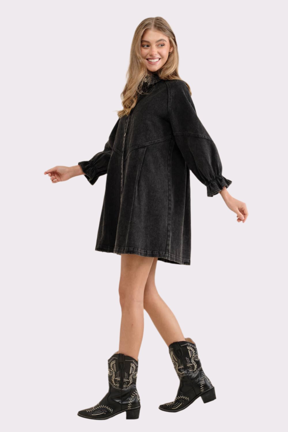 Washed Denim Puff Dress