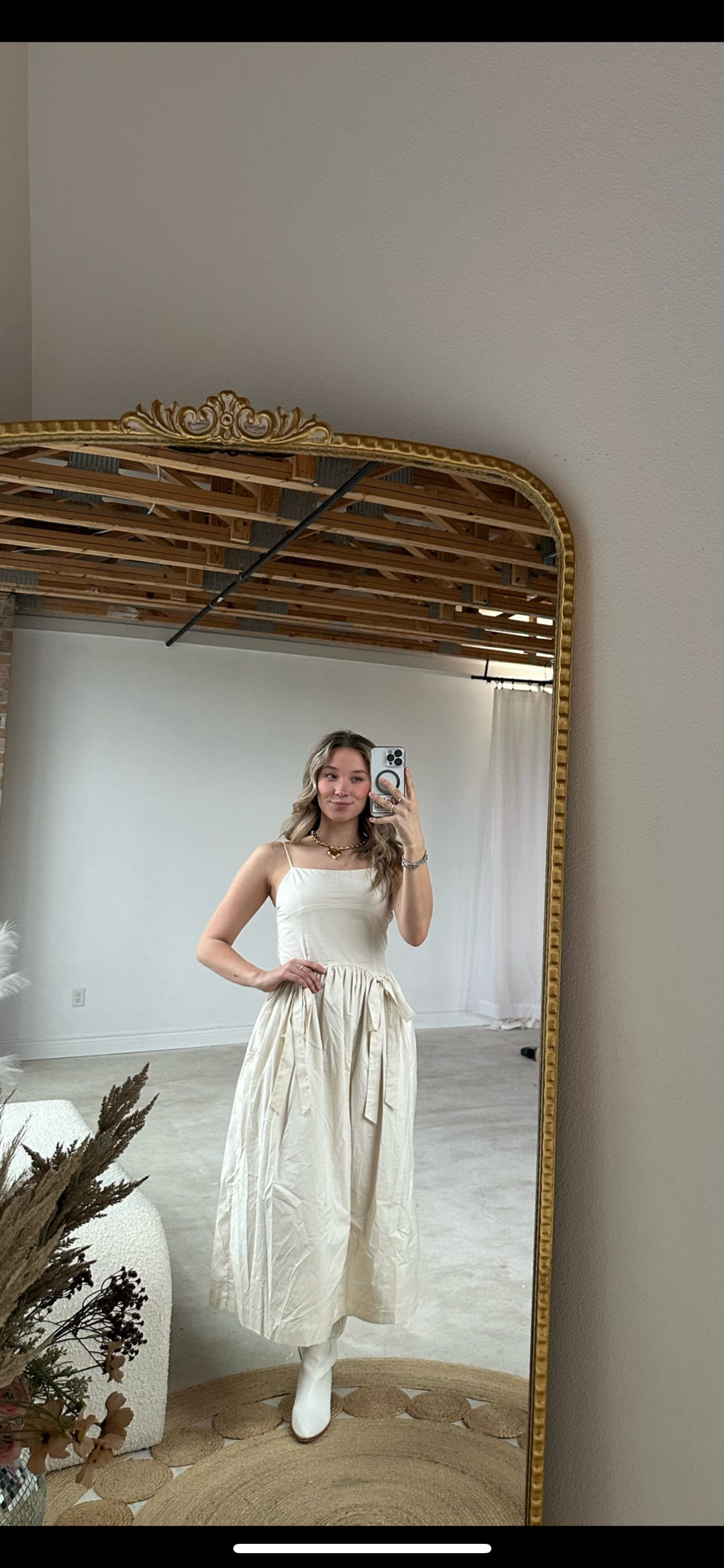 Cream Midi dress with Bow Detail