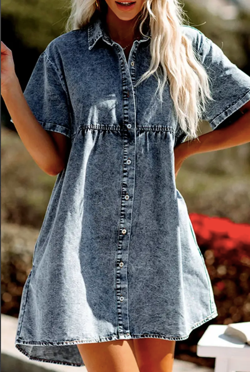 Washed Demin Short Sleeve Ruffle Dress