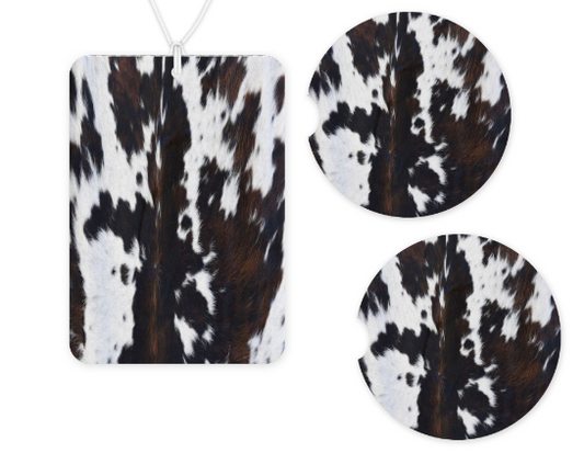 Black Brown Cowhide Car Freshener and Coaster Set - Vanilla scent